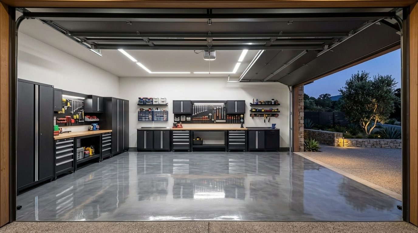 Belanger Garage Door Service Interior View of Custom Garage Door Overhead and Workshop
